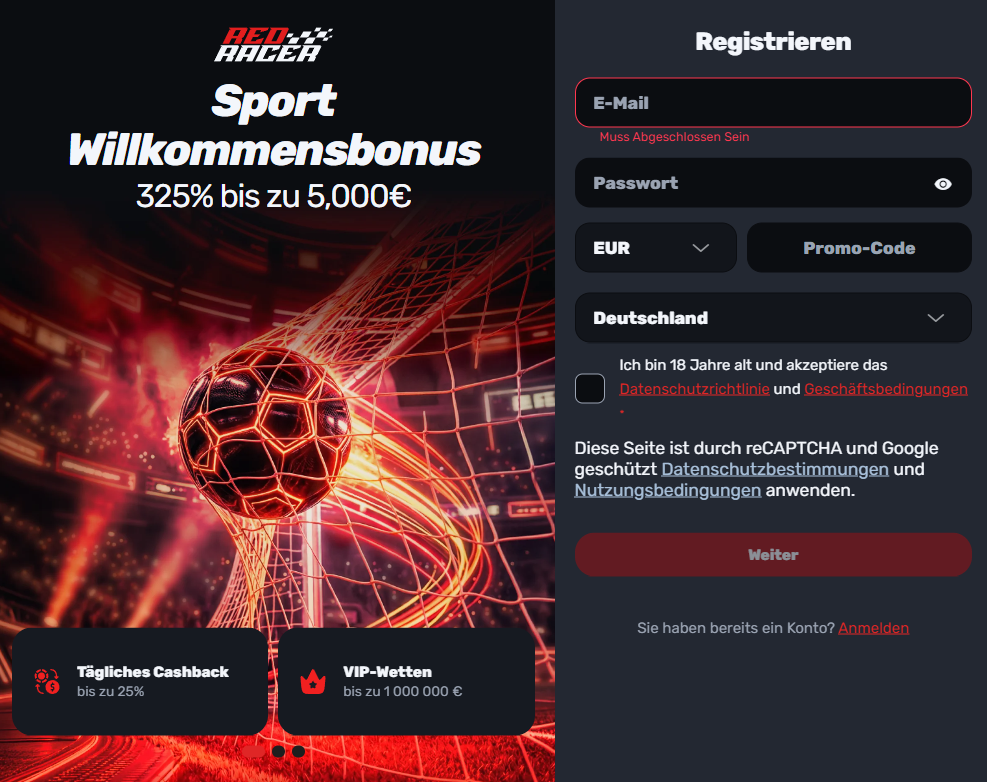 RedRacer Sport-Willkommensbonus 325 Prozent bis 5.000 Euro im Registrierungsfenster