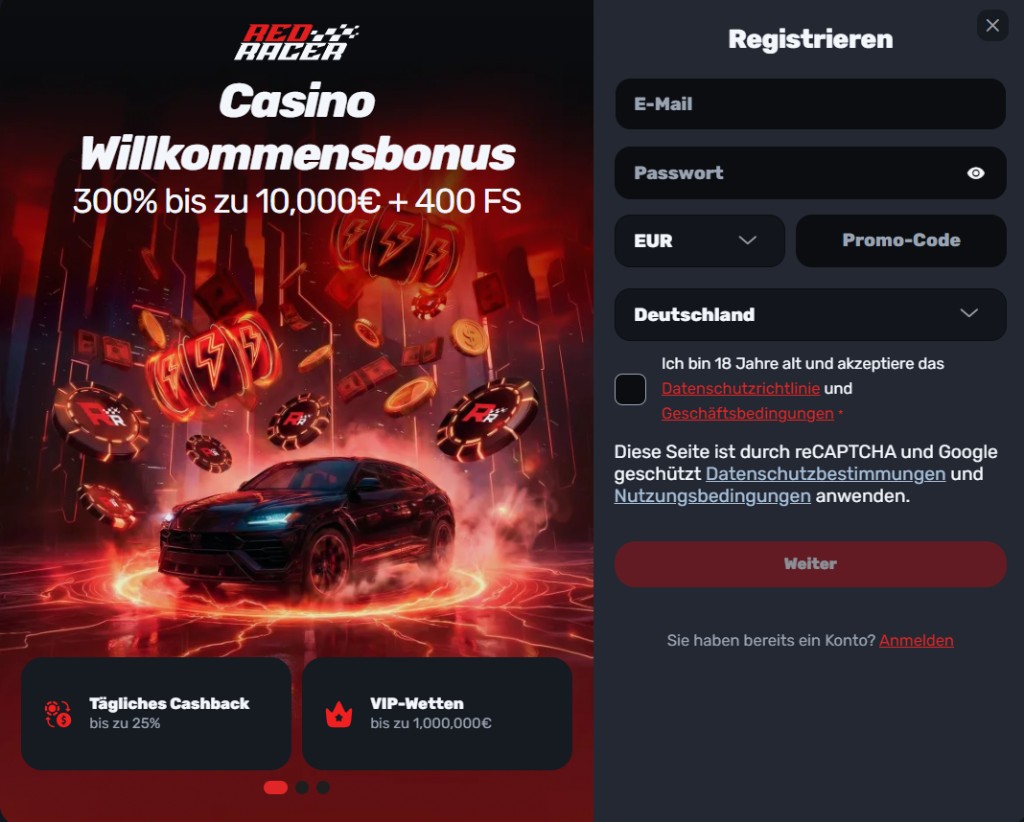 RedRacer Registrierung mit Casino-Willkommensbonus 300 Prozent bis 10.000 Euro und 400 Freispielen