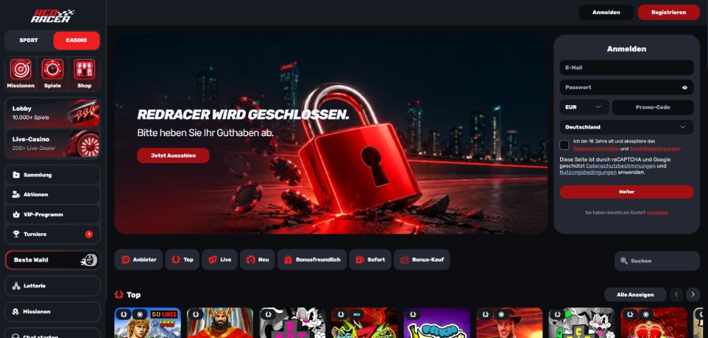 RedRacer Lobby mit rotierender Folie, Schloss-Motiv und Auszahlungs-Button