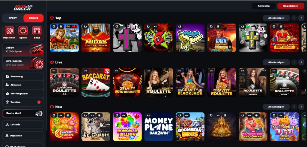 RedRacer Casino-Lobby mit Top-, Live- und Neu-Reihen sowie Spielkacheln